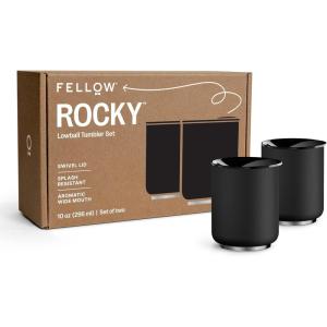 imageFellow Rocky Lowball Tumbler Set of 2  Insulated Stainless Steel Cocktail Tumblers with Ceramic Interior and Swivel Pebble Lid  10 oz Stone BlueMatte Black  Pack of 2